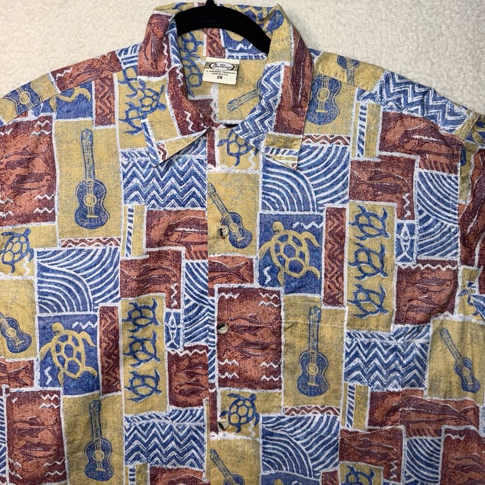 Go Barefoot In Paradise Hawaiian Shirt Men's 2X Button-Up USA Turtle Ukulele